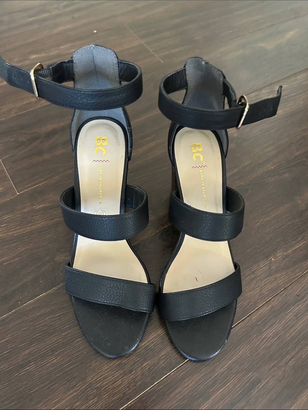 BC Footwear Black Triple Strap Block Heel Sandals Vegan Leather Size 7.5